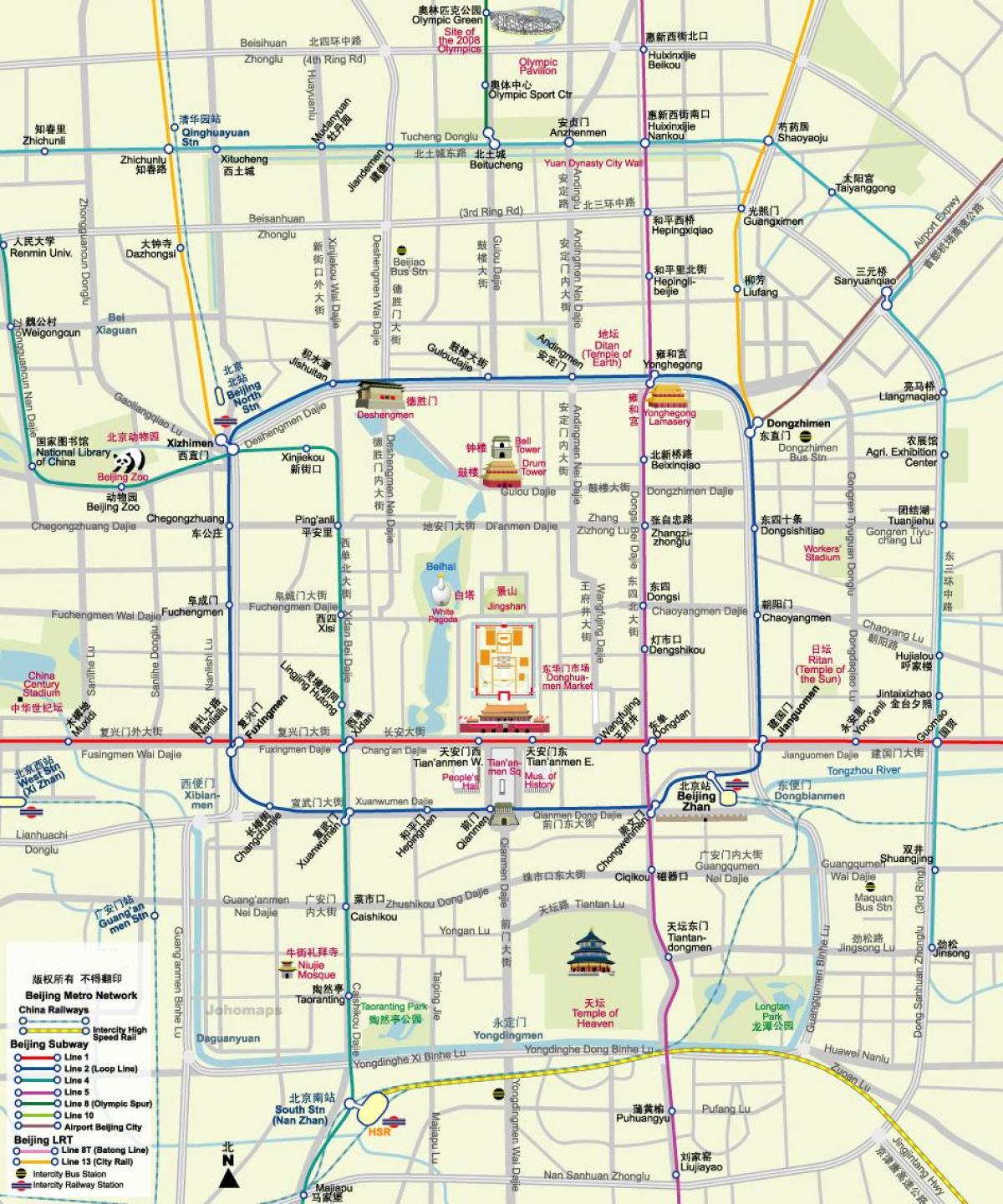 का नक्शा, बीजिंग मेट्रो का नक्शा के साथ पर्यटकों के आकर्षण